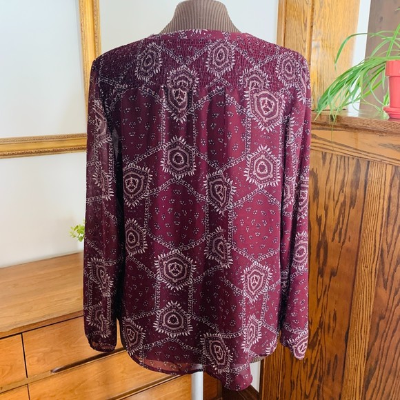 MAURICE'S Burgundy Print Boho Top - L/S Semi Sheer Shoulder Smocking V-Neck XL - Picture 3 of 11